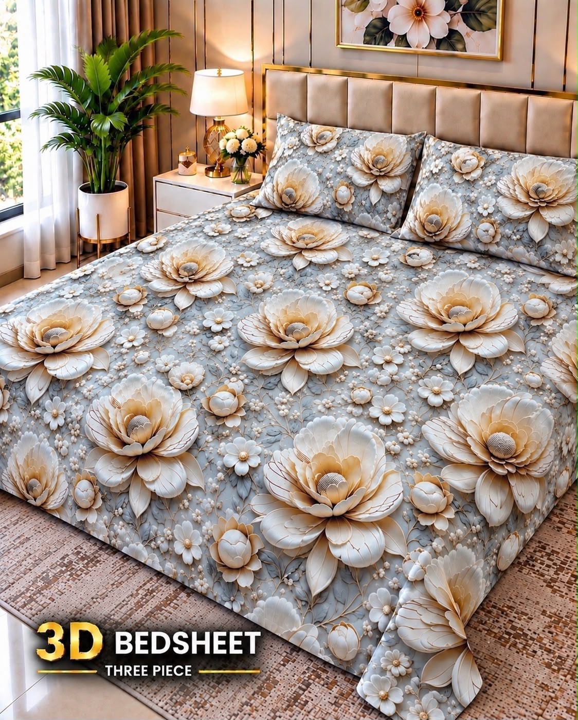 01 - 3D King Size Bedsheet with 2 Pillow Covers - Cotton Sattan