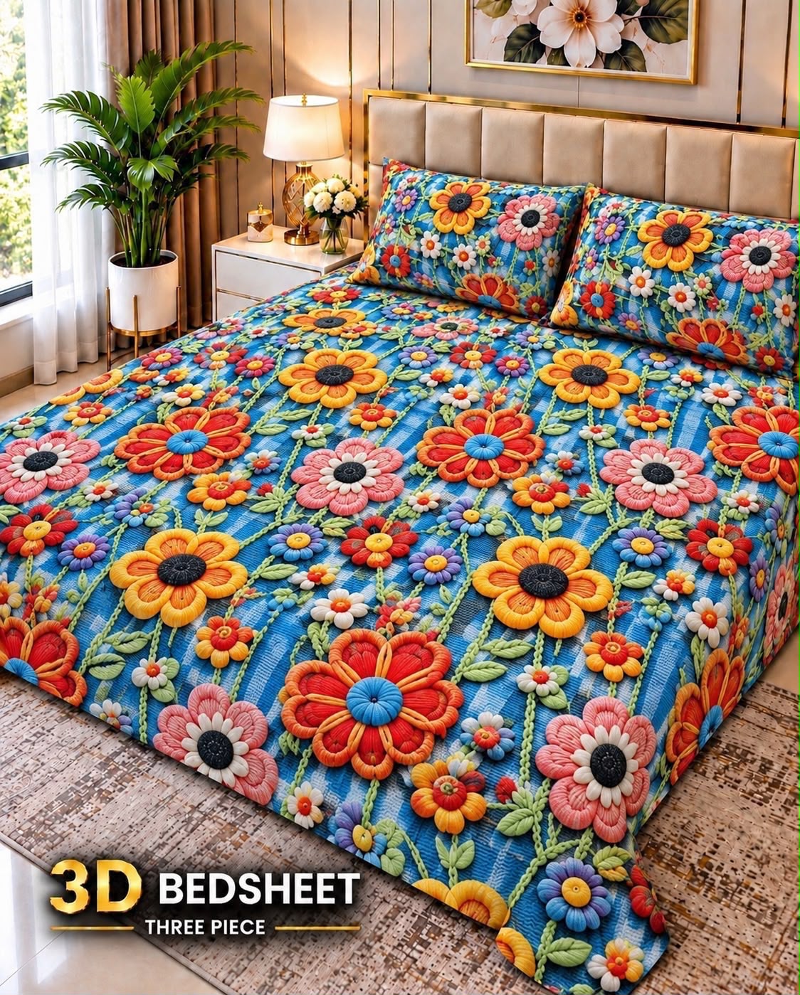 05 - 3D King Size Bedsheet with 2 Pillow Covers - Cotton Sattan