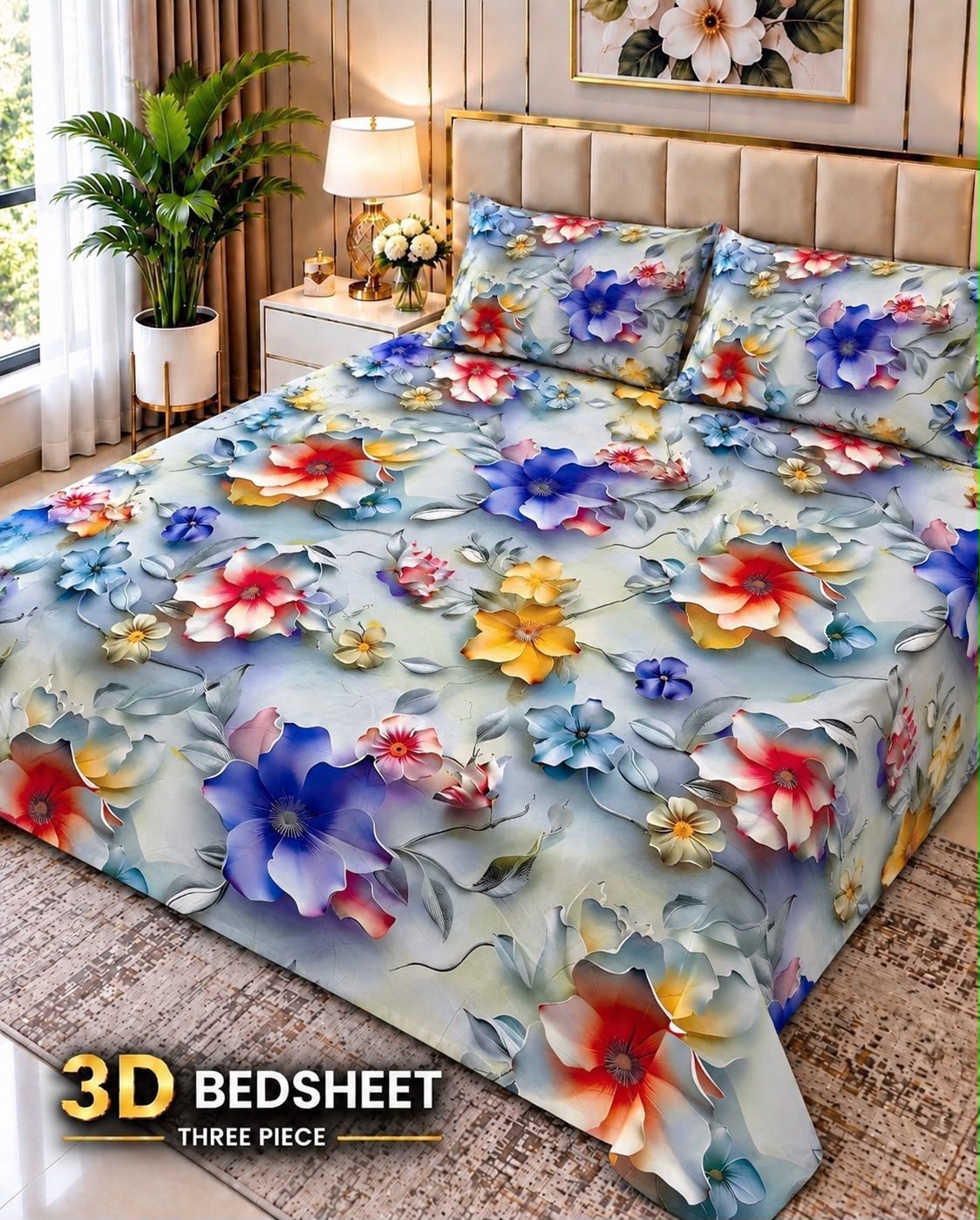06 -  3D King Size Bedsheet with 2 Pillow Covers - Cotton Sattan