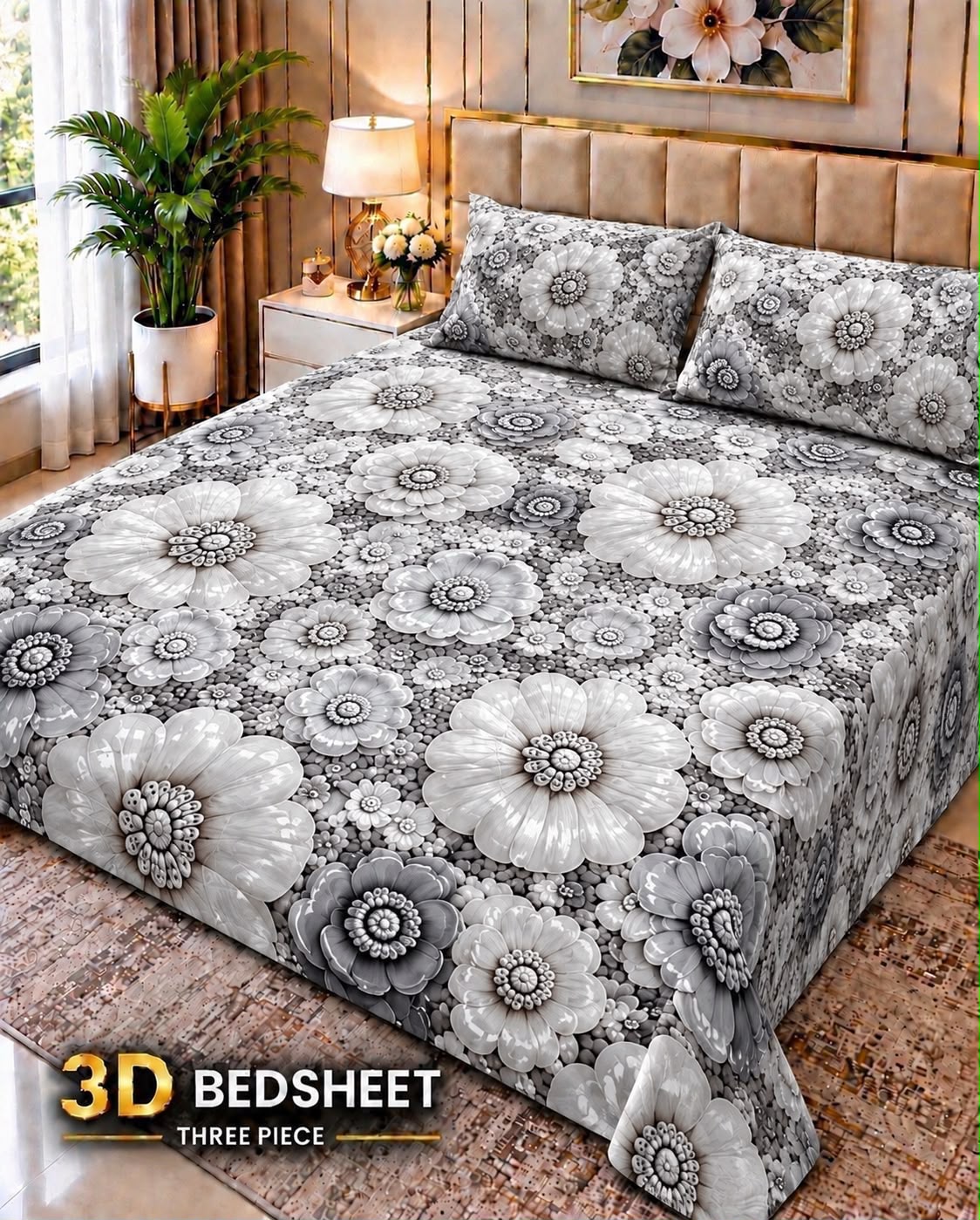 09 -  3D King Size Bedsheet with 2 Pillow Covers - Cotton Sattan