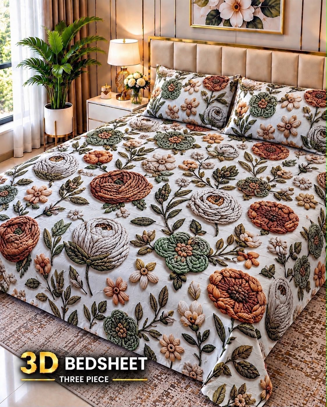 08 -  3D King Size Bedsheet with 2 Pillow Covers - Cotton Sattan