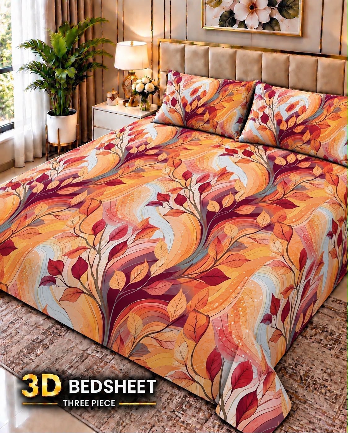 10 -  3D King Size Bedsheet with 2 Pillow Covers - Cotton Sattan