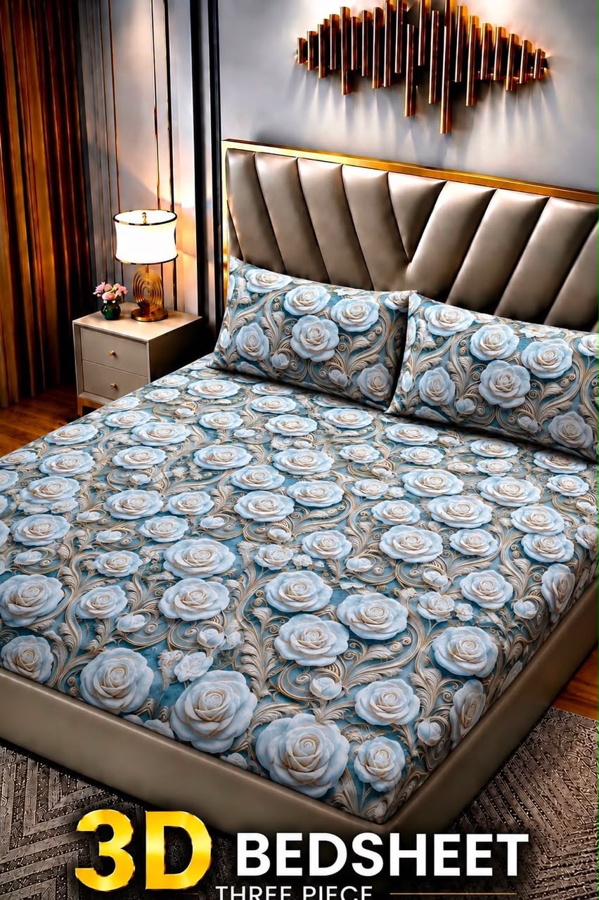 15 - 3D King Size Bedsheet with 2 Pillow Covers - Cotton Sattan