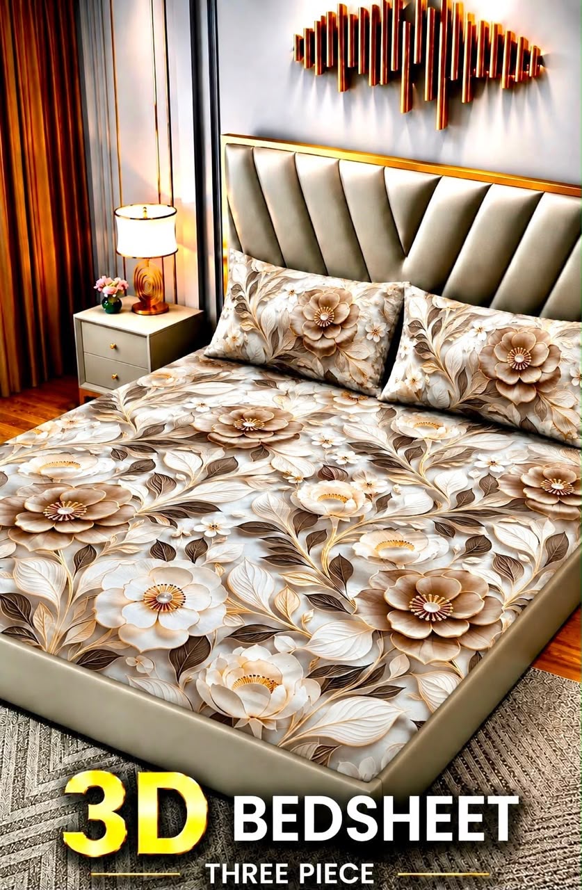 14 -  3D King Size Bedsheet with 2 Pillow Covers - Cotton Sattan