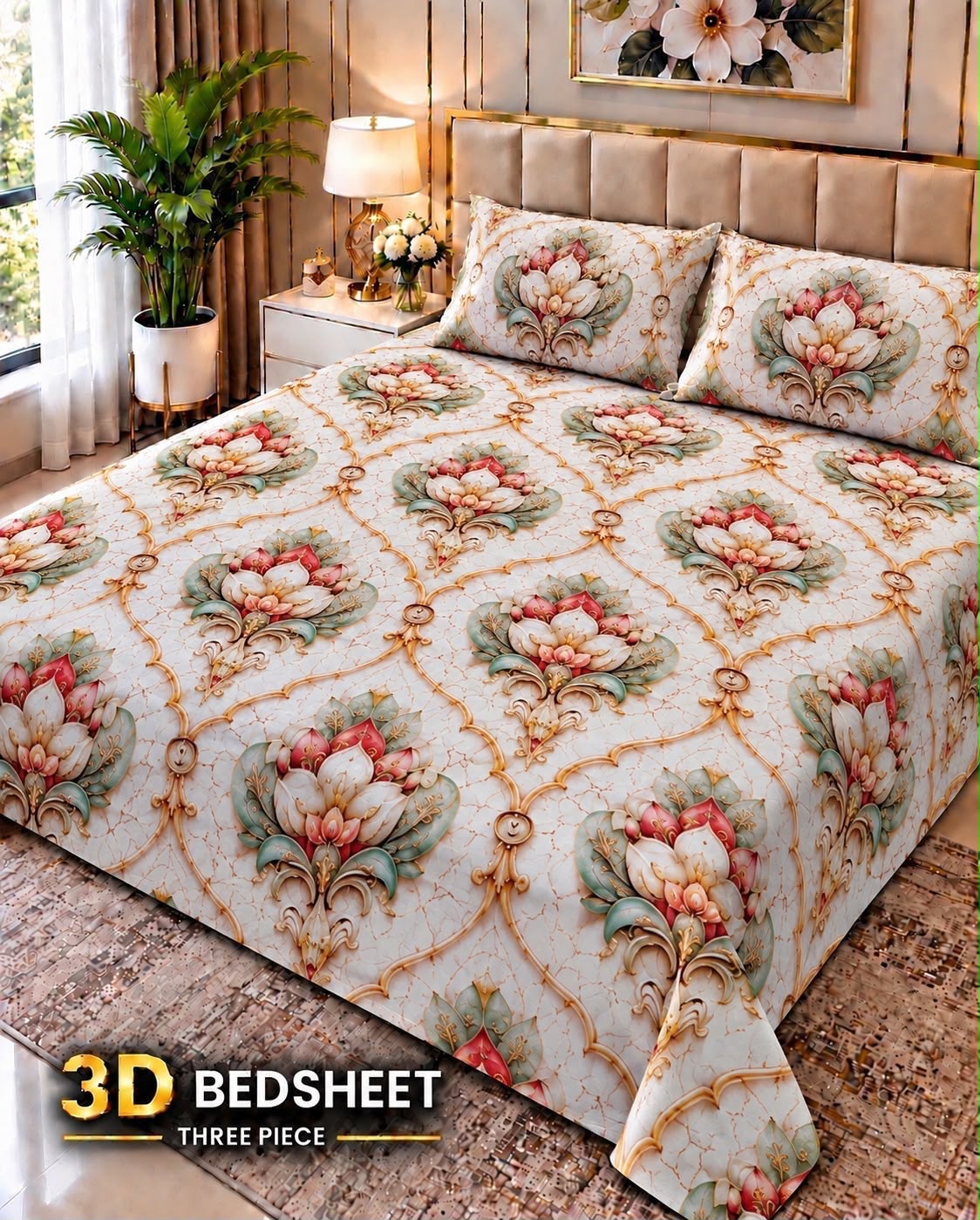 18 - 3D King Size Bedsheet with 2 Pillow Covers - Cotton Sattan