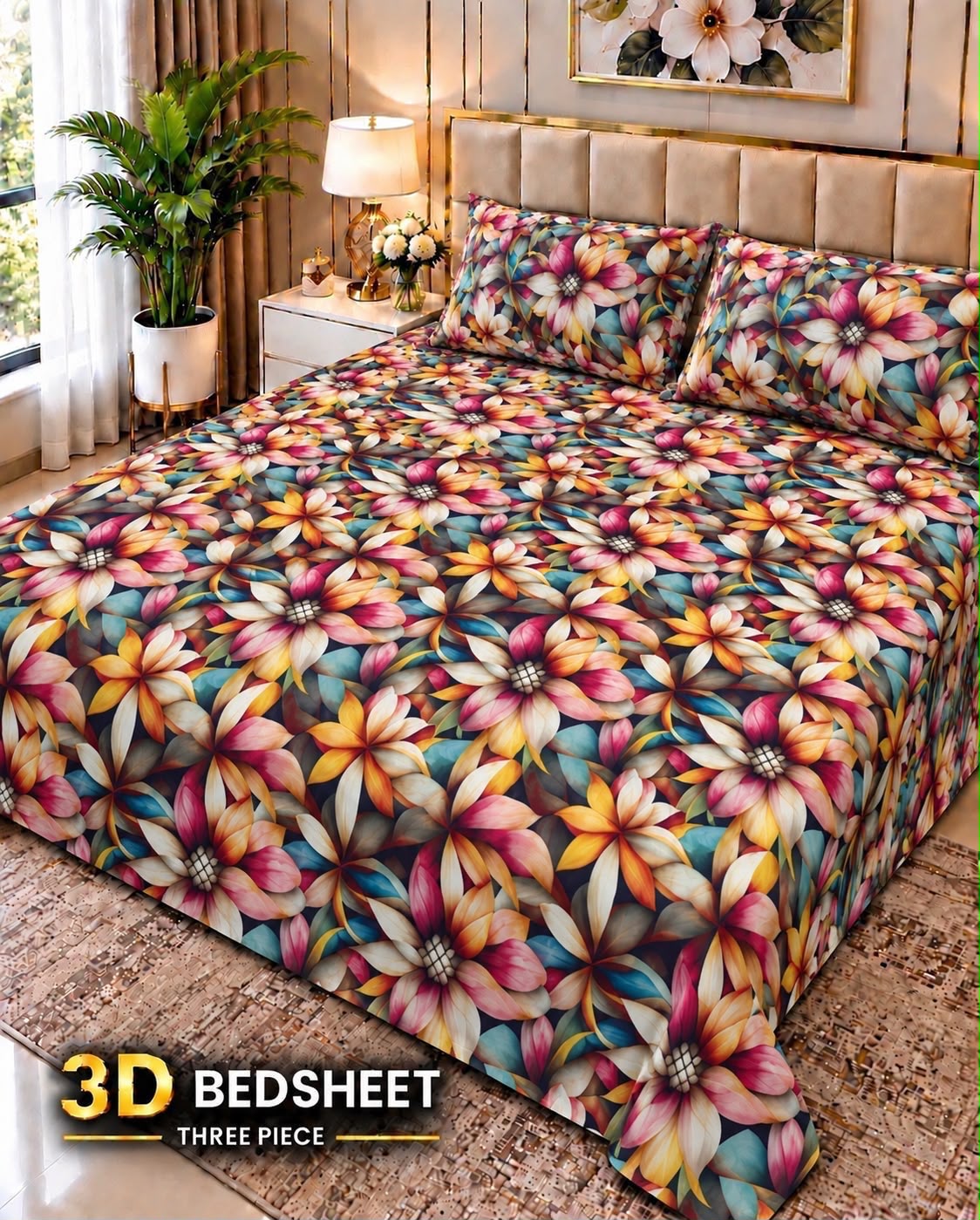 16 -  3D King Size Bedsheet with 2 Pillow Covers - Cotton Sattan