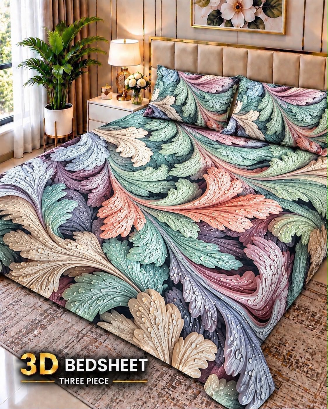 17 - 3D King Size Bedsheet with 2 Pillow Covers - Cotton Sattan