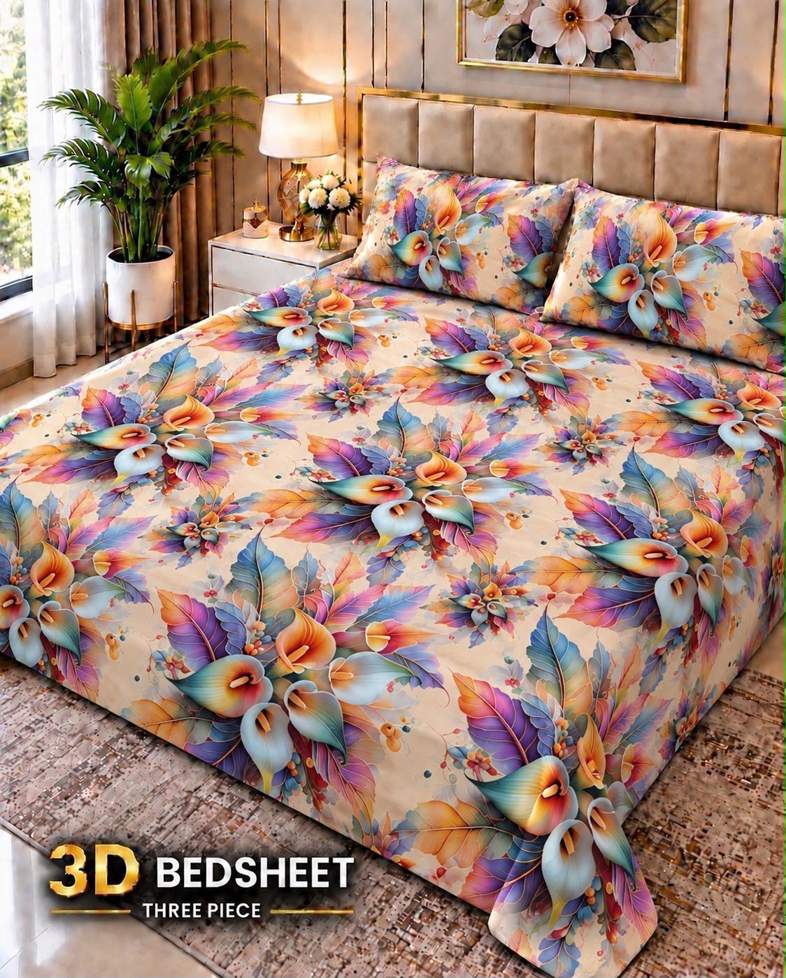 19 - 3D King Size Bedsheet with 2 Pillow Covers - Cotton Sattan
