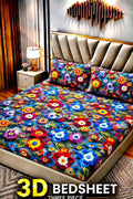 20- 3D King Size Bedsheet with 2 Pillow Covers - Cotton Sattan