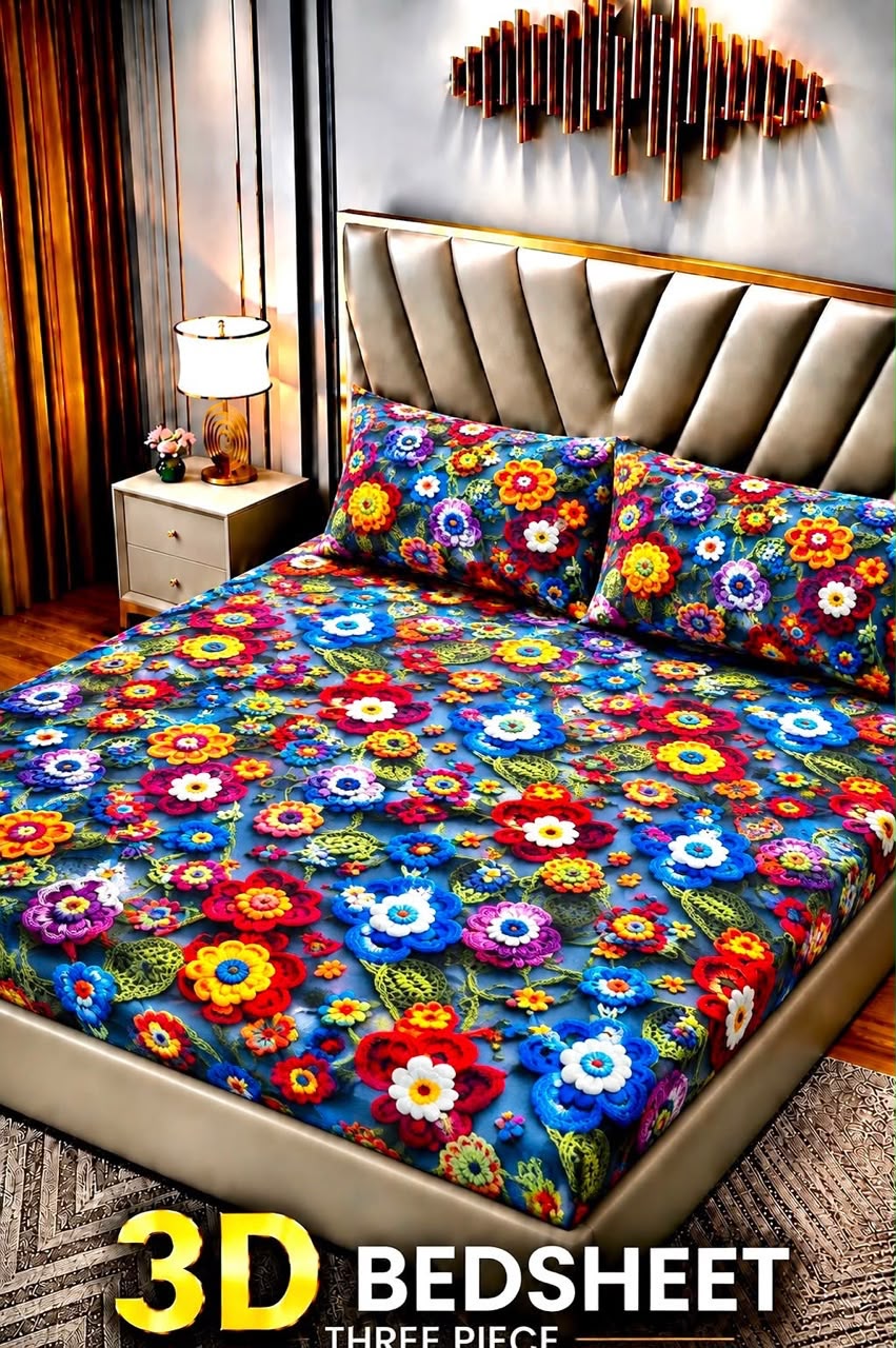 20- 3D King Size Bedsheet with 2 Pillow Covers - Cotton Sattan
