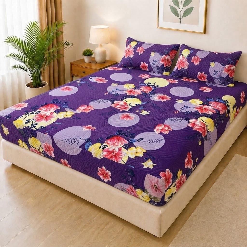 03- Quilted Printed Double Bed Waterproof Mattress Cover with 2 Pillow Covers