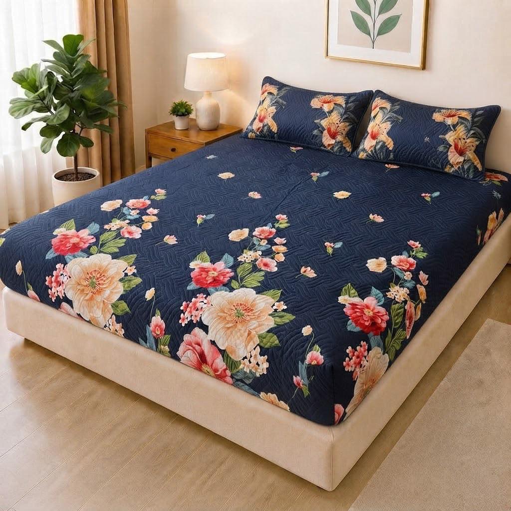 01- Quilted Printed Double Bed Waterproof Mattress Cover with 2 Pillow Covers
