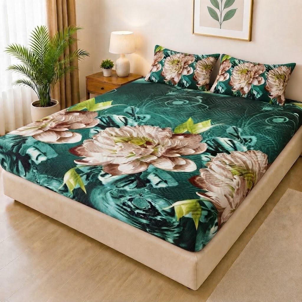 02- Quilted Printed Double Bed Waterproof Mattress Cover with 2 Pillow Covers