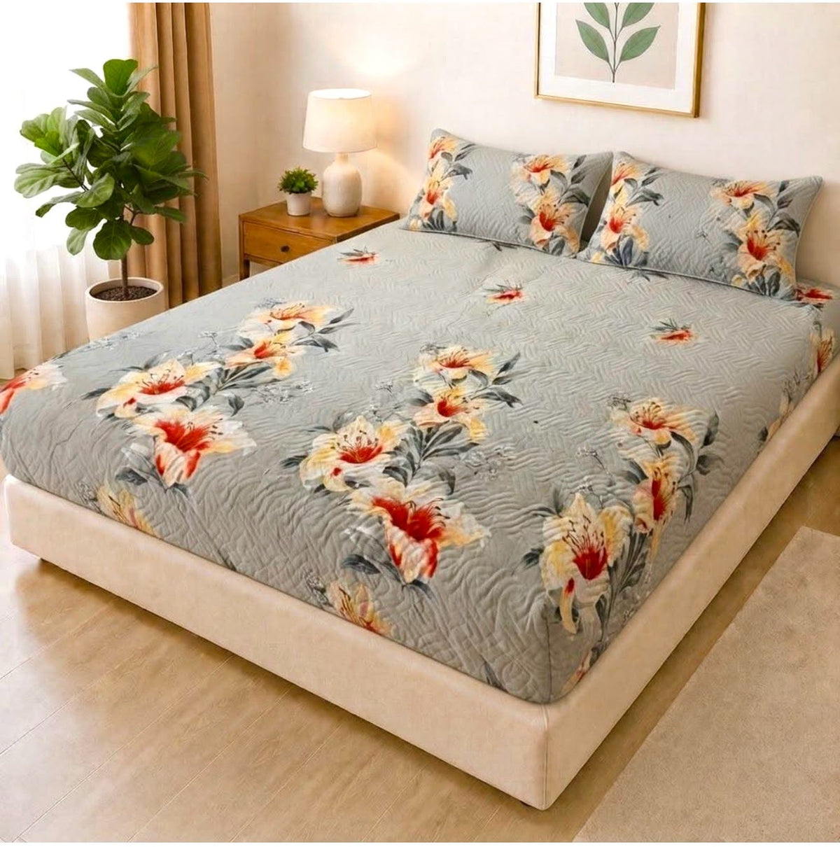 04-Quilted Printed Double Bed Waterproof Mattress Cover with 2 Pillow Covers